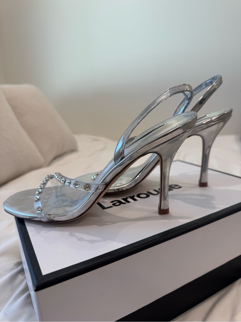 Larroude Silver Rhinestone Slingback Heels